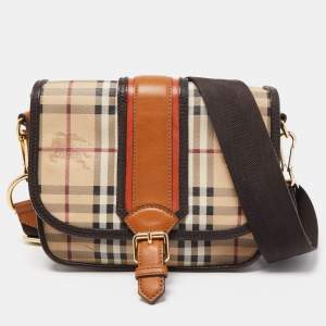 Burberry Beige/Brown Haymarket Check Coated Canvas and Leather Buckle Flap Crossbody Bag