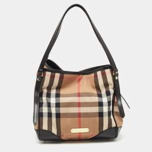 Burberry Black/Beige Leather and House Check Fabric Small Canterbury Tote