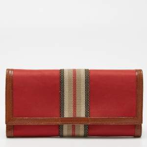 Burberry Red/Brown Nylon and Leather Stripe Flap Continental Wallet