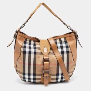Pre Owned Burberry Tan/Beige House Check Canvas and Leather Hobo