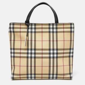 Pre Owned Burberry Beige Nova Check Coated Canvas and Leather Tote