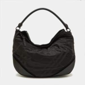 Burberry Black Beat Check Nylon and Leather Maskell Hobo