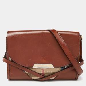 Pre Owned Burberry Brown/Beige House Check Canvas and Leather Abbott Shoulder Bag