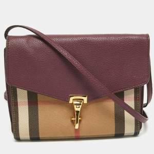 Pre Owned Burberry Burgundy House Check Canvas and Leather Macken Crossbody Bag