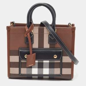 Pre Owned Burberry Brown/Black Canvas Check Small Freya Tote 