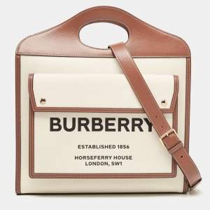 Pre Owned Burberry Brown/Beige Leather and Canvas Medium Pocket Bag
