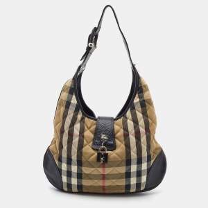 Pre Owned Burberry Beige/Black Quilted House Check Canvas and Leather Brooke Hobo