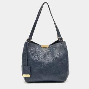 Pre Owned Burberry Navy Blue Embossed Leather Canterbury Tote