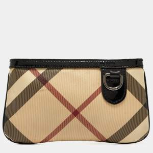 Pre Owned Burberry Beige/Black Nova Check Coated Canvas and Patent Leather Zip Wristlet Clutch
