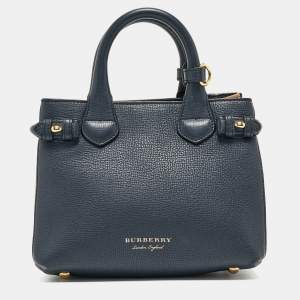 Burberry Navy Blue/Beige Leather and House Check Fabric Mini Banner Tote