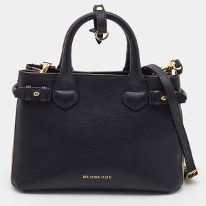 Burberry Black/Beige Leather and House Check Fabric Small Banner Tote