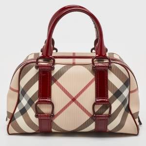 مملوكة مسبقًا Burberry Burgundy/Beige Nova Check Coated Canvas and Patent Leather Buckle Satchel