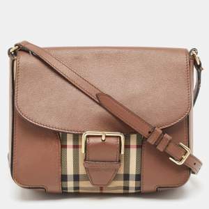 Pre Owned Burberry Brown/Beige Haymarket Check Canvas and Leather Small Dickens Crossbody Bag