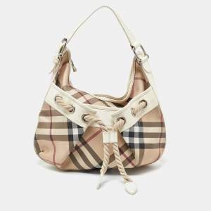Pre Owned Burberry Beige/Off White Nova Check PVC and Patent Leather Hobo