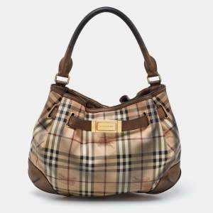 Pre Owned Burberry Bronze/Beige Haymarket Check PVC and Leather Medium Willenmore Hobo