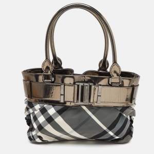 Pre Owned Burberry Grey/Metallic Beat Check Nylon and Leather Easton Landscape Tote