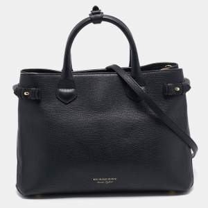 Pre Owned Burberry Black/Beige Leather and House Check Fabric Medium Banner Tote