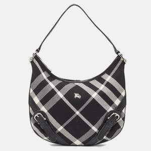 Pre Owned Burberry Black House Check Canvas and Leather Larkin Hobo