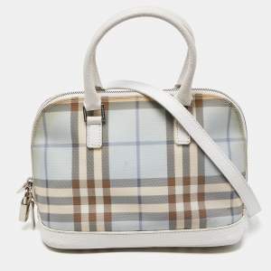 Pre Owned Burberry Blue/White House Check PVC and Leather Dome Satchel 
