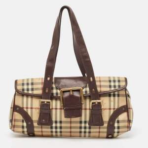 Burberry Brown/Beige House Check PVC and Leather Buckle Flap Bag