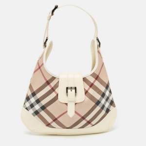 Burberry White/Beige Nova Check PVC and Patent Leather Brooke Hobo