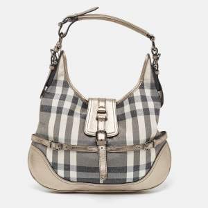 Pre Owned Burberry Grey Smoke Check Shimmer Fabric and Leather Brooke Hobo