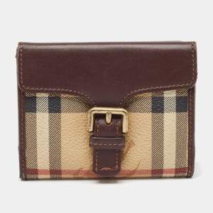 Burberry Brown/Beige Haymarket Check Coated Canvas and Leather Buckle Flap Compact Wallet