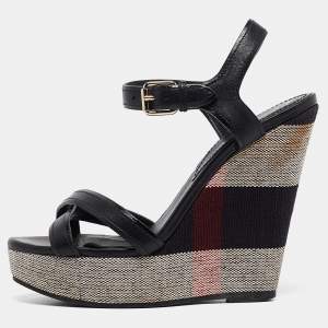 Burberry Black Canvas and Leather Walmer Wedge Sandals Size 36