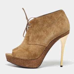 Burberry Brown Suede Peep Toe Cork Platform Booties Size 39