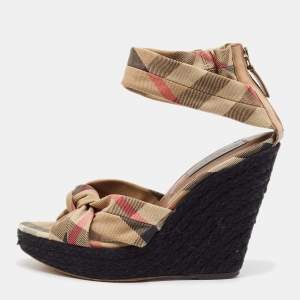 Burberry Brown/Beige Canvas and Leather Wedge Sandals Size 40