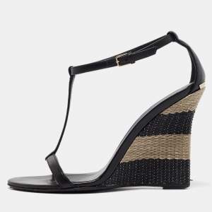 Burberry Black Leather Wedge Sandals Size 37