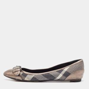 Burberry Metallic Grey Leather and Glitter Nova Check Canvas Ballet Flats Size 38