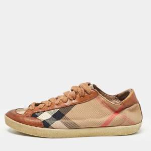 Burberry Brown/Beige Canvas and Leather Low Top Sneakers Size 37