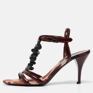 Burberry Burgundy Patent Leather Heart Chain Detail Ankle Strap Sandals Size 38