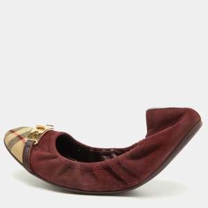 Burberry Burgundy Suede and Nova Check Canvas Drayton Twistlock Scrunch Ballet Flats Size 39.5