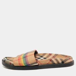 Burberry Beige Vintage Rainbow Check Canvas Ashmore Flat Slide Sandals Size 38