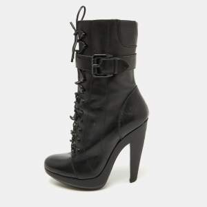 Burberry Black Leather Buckle Detail Mid Calf Platform Boots Size 37.5