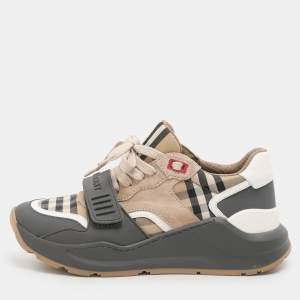 Burberry Grey/Beige Leather and Fabric Ramsey Sneakers Size 37.5