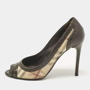 Burberry Beige/Brown Check Canvas and Brogue Leather Peep Toe Pumps Size 38