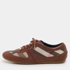 Burberry Brown/Beige Leather and Nova Check Canvas Low Top Sneakers Size 36