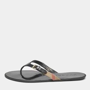 Burberry Black/Beige Leather and Canvas Masie Belted Check Thong Flats Size 39