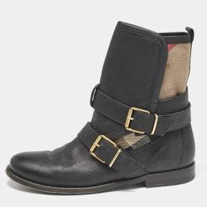 Burberry Black/Beige Check Canvas and Leather Ankle Length Boots Size 39
