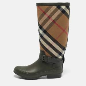 Burberry Green/Beige Rubber and Vintage Check Canvas Simeon Rain Boots Size 41