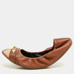 Burberry Brown Leather and Nova Check Coated Canvas Drayton Twistlock Scrunch Ballet Flats Size 37