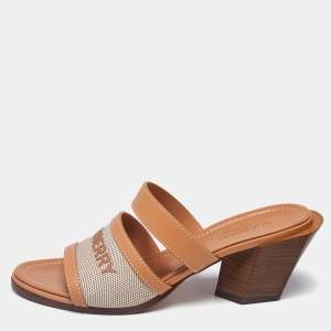 Burberry Beige/Tan Canvas and Leather Honour Slide Sandals Size 37