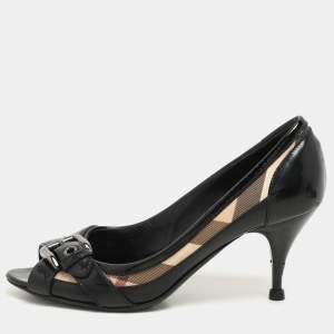 Burberry Black/Beige Patent Leather and Nova Check Coated Canvas Buckle Peep Toe Pumps Size 37