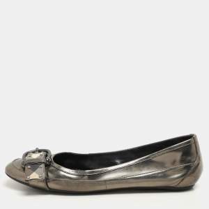 Burberry Metallic Leather and Nova Check Canvas Buckle Detail Ballet Flats Size 39