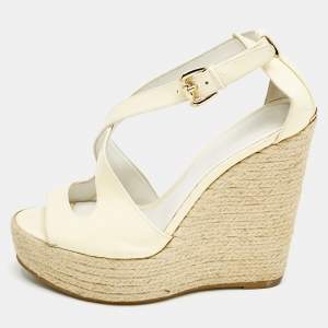 Burberry Cream Patent Peep Toe Wedge Espadrilles Sandals Size 37