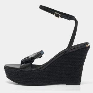 Burberry Black Snakeskin Leather Wedge Sandals Size 38