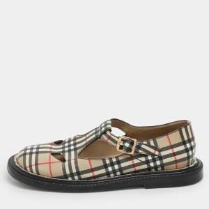Burberry Beige Vintage Check Leather T-Bar Shoes Size 38.5